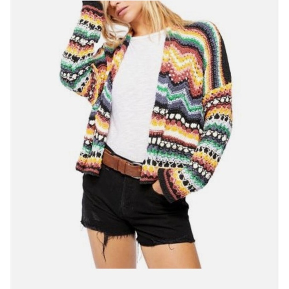 Free People Under the Sun Crochet Cardigan Multi Color Chevron Knit Sweater L
